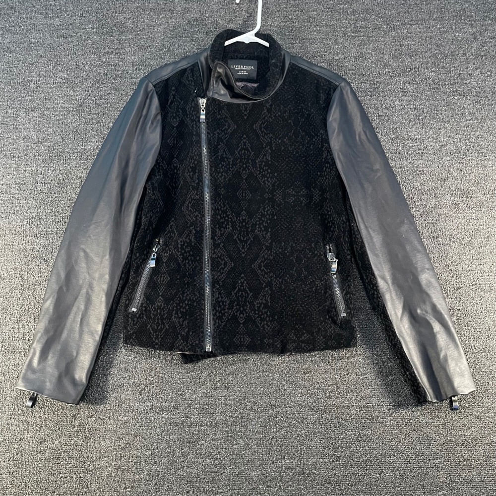 Liverpool Moto Jacket Womens Large Black Snakeskin Faux Leather Mixed Media Good